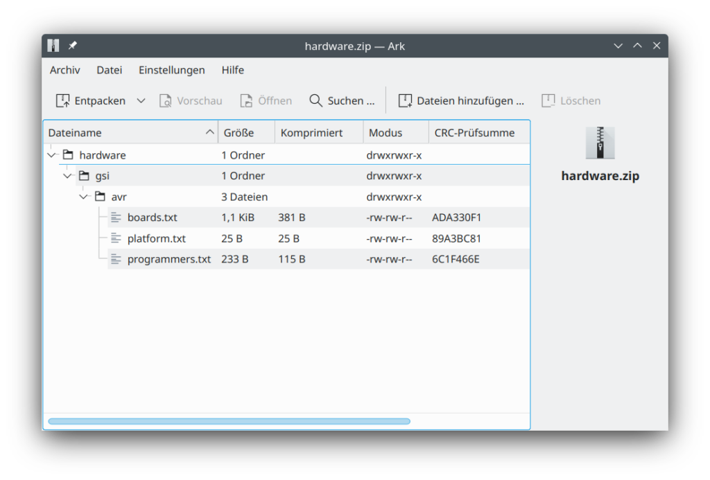 Screenshot of the archive showing the folder hierarchy: "hardware/gsi/avr/" with the three relevant files "boards.txt", "platform.txt" and "programmers.txt".